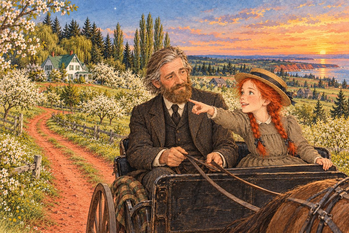 Before Matthew could point it out, Anne shut her eyes and then guessed which farm was Green Gables: a white house far back from the road, glimmering among blossoming trees under a great evening star. "Just as soon as I saw it I felt it was home," she said.