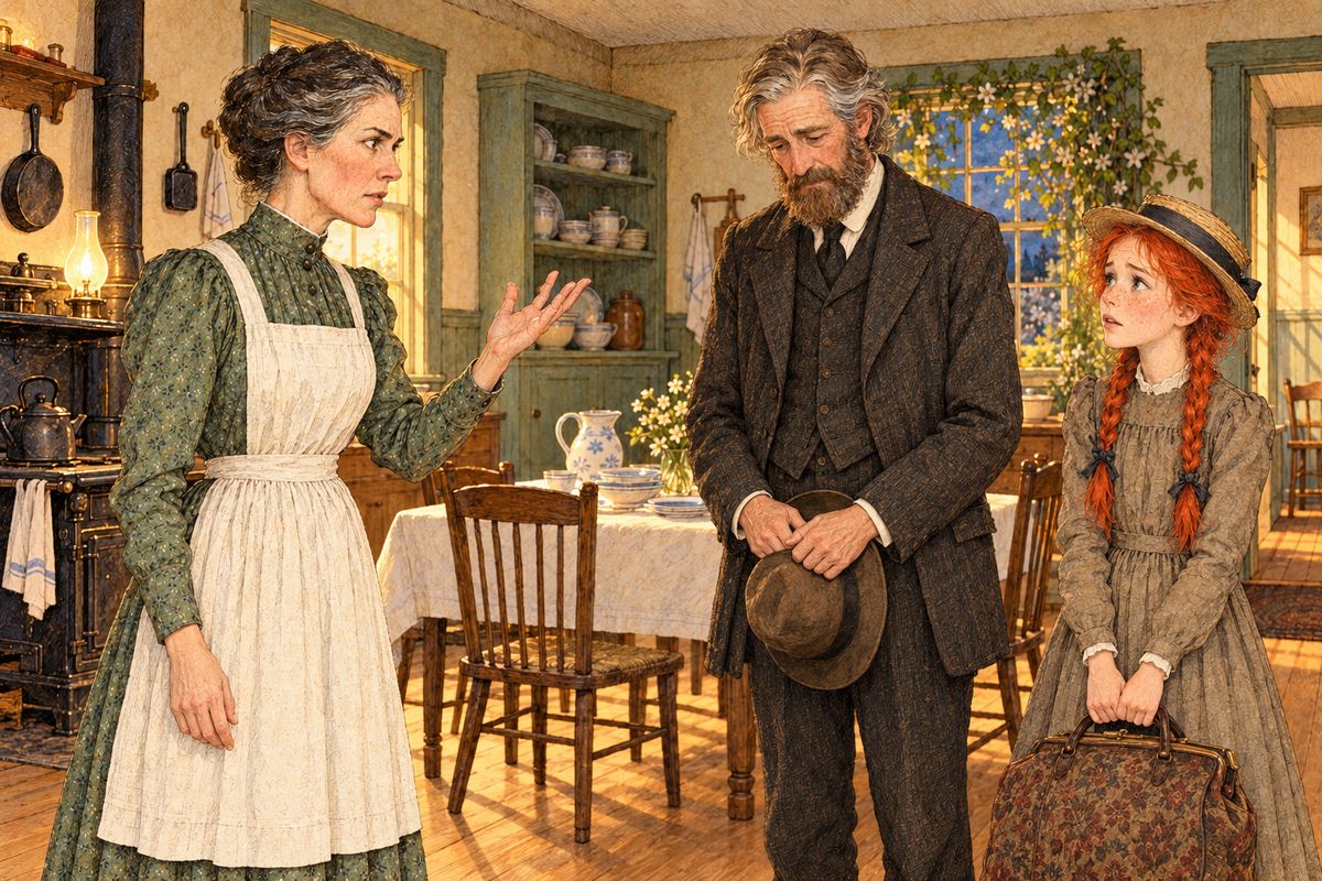 Marilla came briskly to the door and stopped short at the sight of the odd little figure in the ugly dress. "Matthew Cuthbert, who's that? Where is the boy?" Matthew could only say wretchedly that there had been no boy, only her.