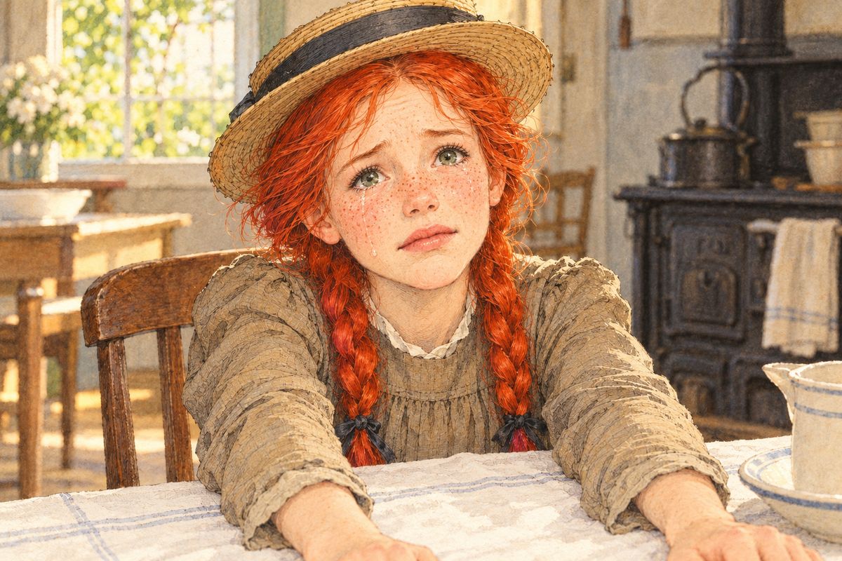 Suddenly Anne understood. She dropped her carpet-bag and burst into tears at the table. "You don't want me because I'm not a boy! Nobody ever did want me." Marilla and Matthew looked helplessly at each other, and Marilla promised she would not be turned out that night.