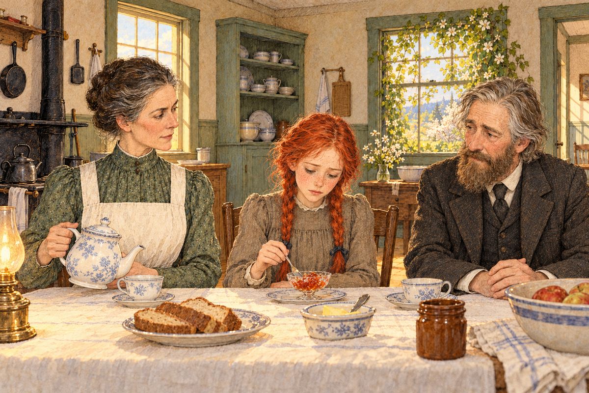 Asked her name, Anne begged to be called Cordelia, then admitted it was Anne Shirley, which was all right as long as it was spelled with an E. At supper she could only nibble at the bread and preserves. "I'm in the depths of despair," she sighed.