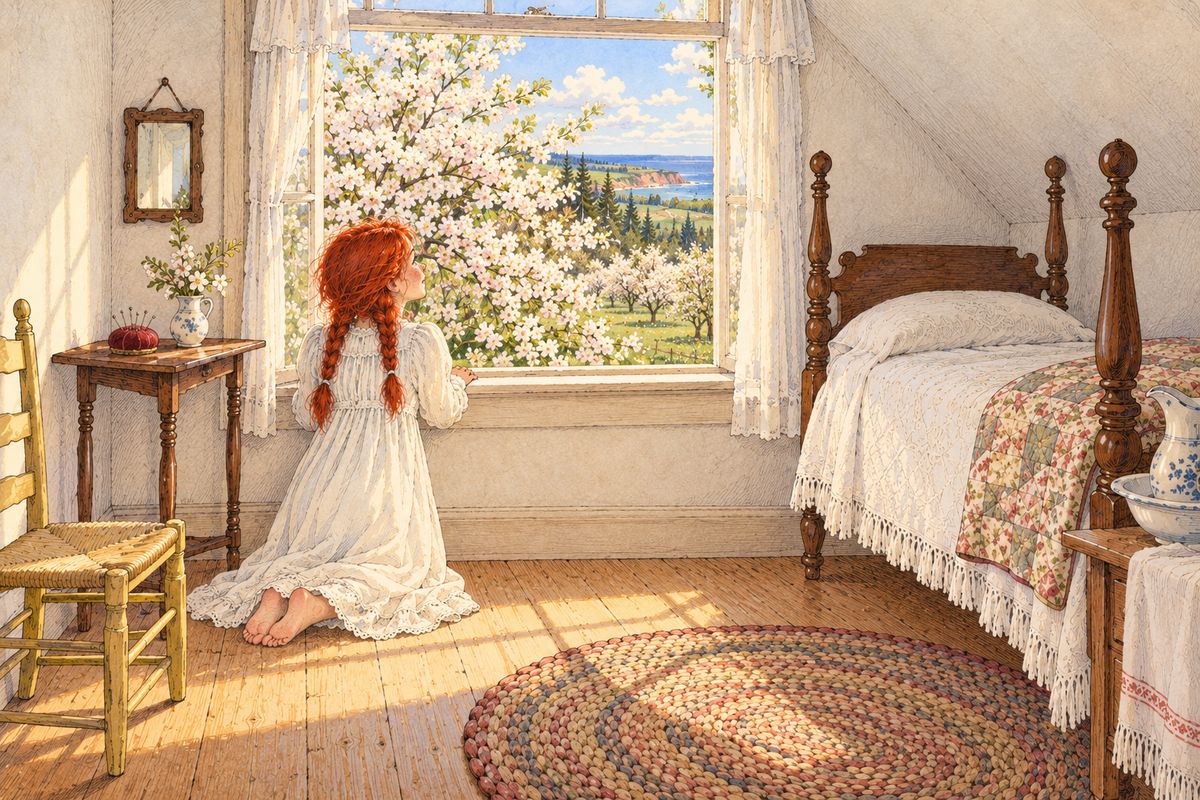 Anne woke to sunshine and a cherry tree in full white bloom tapping at her window. She knelt at the open sash, gazing at orchards, the brook and a blue glimpse of sea. For the length of a morning she let herself imagine she would stay, and she named the tree the Snow Queen because it was so white.