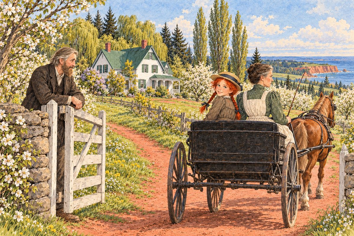 That afternoon Marilla set out to drive Anne to Mrs. Spencer's and settle things. As the buggy passed through the gate, Matthew remarked, to nobody in particular, that he had hired little Jerry Buote for the summer. Marilla whipped the fat sorrel mare so hard that it shot down the lane.