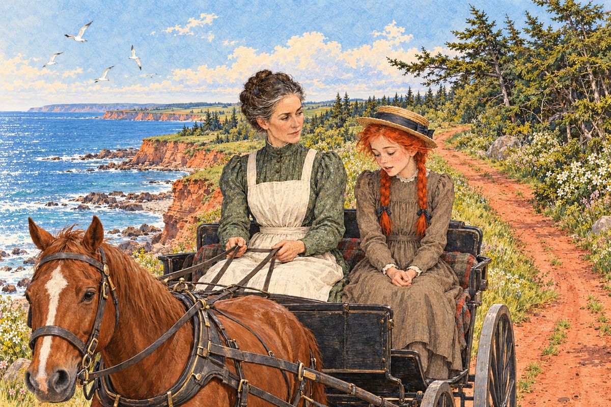 They drove the five miles by the shore road above red cliffs and the shimmering sea. Marilla asked for "bald facts", and Anne told her short, sad life: her parents had died of fever when she was a baby, and she had looked after other people's children until the asylum took her in. Of those foster families she said only, "They meant to be good to me." Marilla began to pity her.