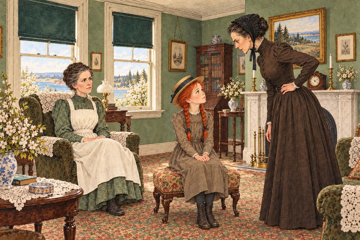 At White Sands, Mrs. Spencer explained the mix-up: the message had been passed by word of mouth and had changed from a boy into a girl. But Mrs. Peter Blewett wanted a girl to help with her large family. Sharp-faced Mrs. Blewett looked Anne over from head to foot. "I'll expect you to earn your keep," she said.