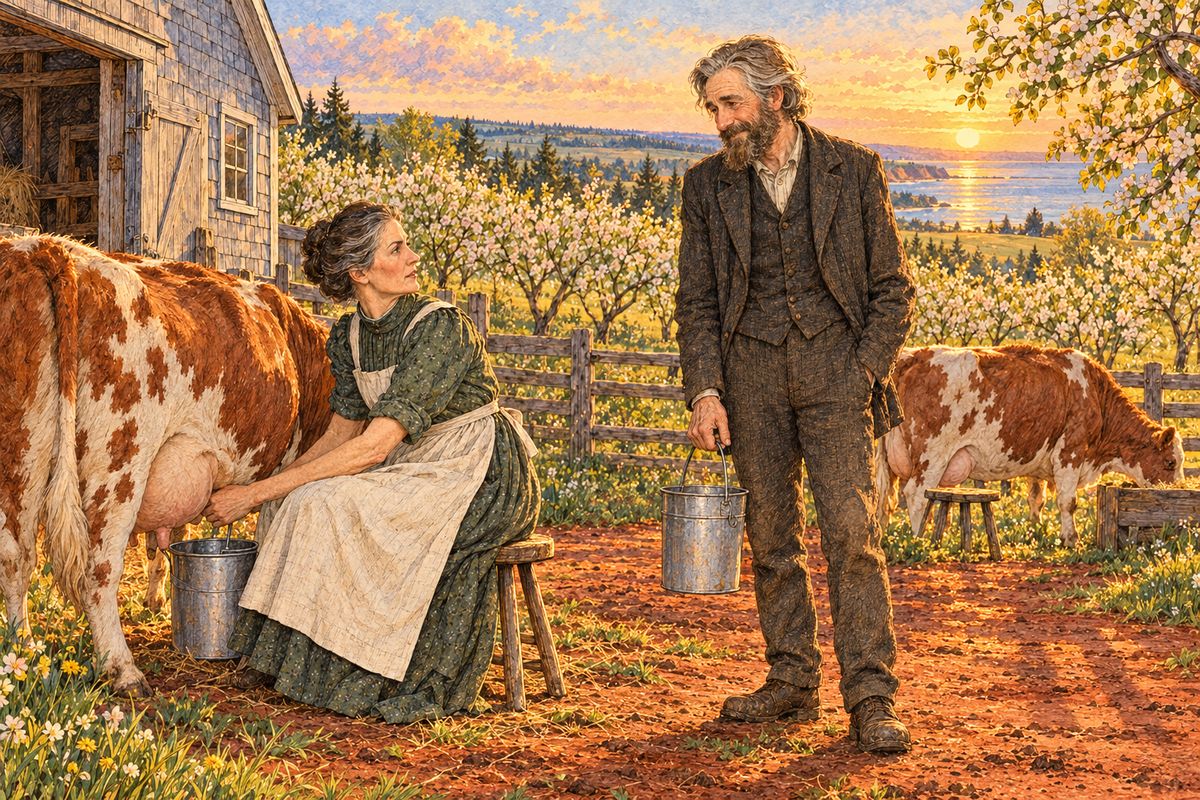Back home, Marilla waited until she and Matthew were milking behind the barn. Then she told him Anne's story. "I wouldn't give a dog I liked to that Blewett woman," said Matthew. Marilla admitted she had got used to the idea. "So far as I'm concerned, Matthew, she may stay." Matthew's shy face glowed with delight.