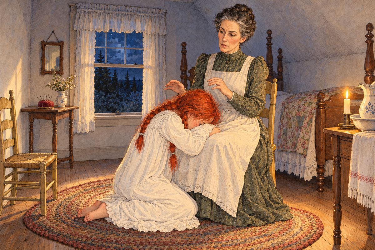 That night Marilla found that Anne had never said a prayer, and told her to thank God for her blessings. Anne buried her face in Marilla's lap and gave thanks for the Lake of Shining Waters, Bonny the geranium and the Snow Queen. She asked to stay at Green Gables and to grow up good-looking, and finished: "Yours respectfully, Anne Shirley."