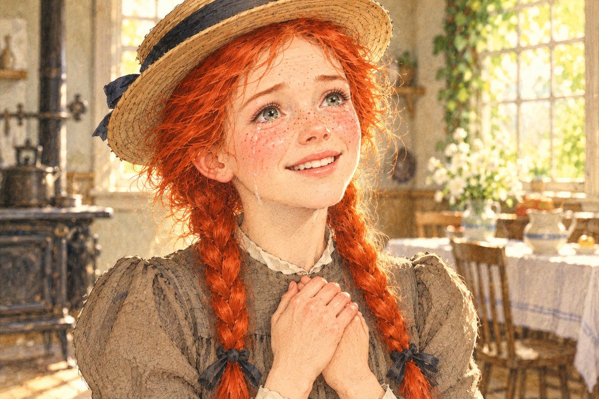 Marilla kept her secret until the next afternoon. At last Anne, trembling, begged to be told whether she would be sent away. "Matthew and I have decided to keep you," said Marilla. Anne burst into tears. "I'm glad as glad can be," she said in bewilderment. "But can you tell me why I'm crying?"
