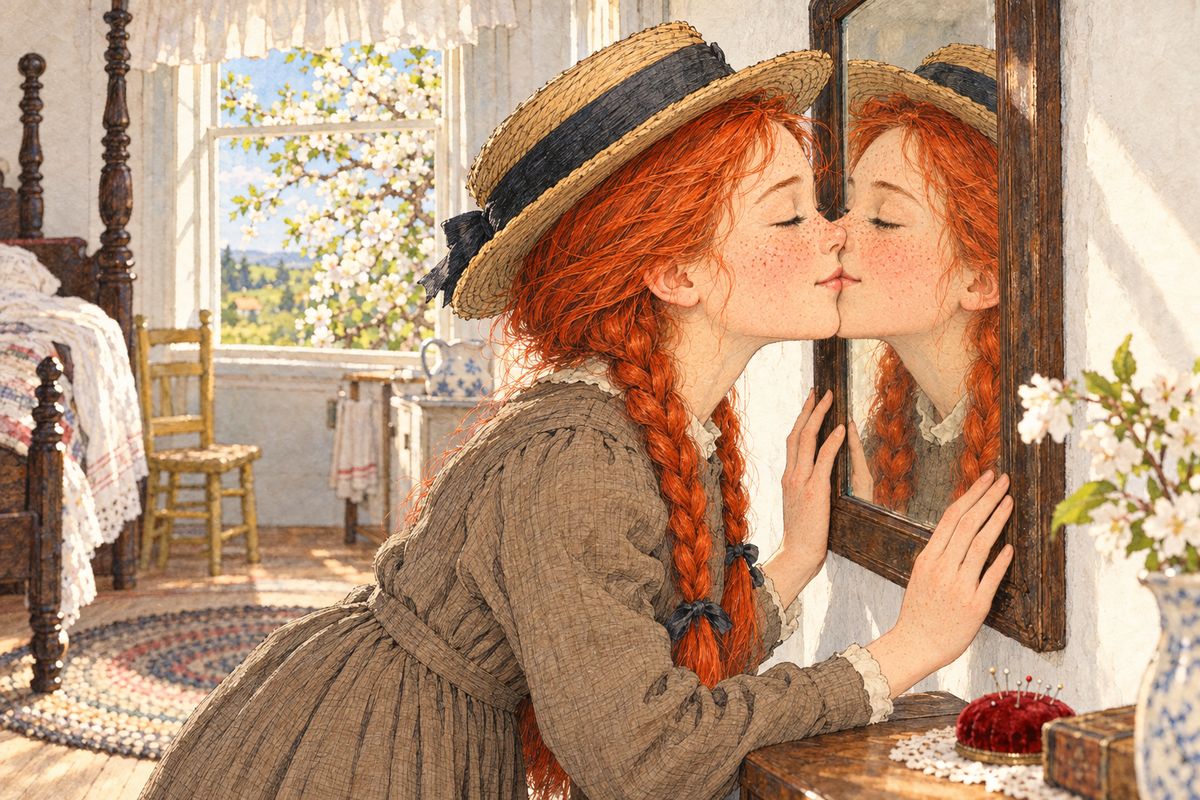 Sent up to her room, Anne imagined herself as the tall, regal Lady Cordelia Fitzgerald, but she could not make it seem real. She peered into the little looking-glass at her pointed, freckled face. "It's a million times nicer to be Anne of Green Gables than Anne of nowhere in particular," she said, and kissed her reflection.