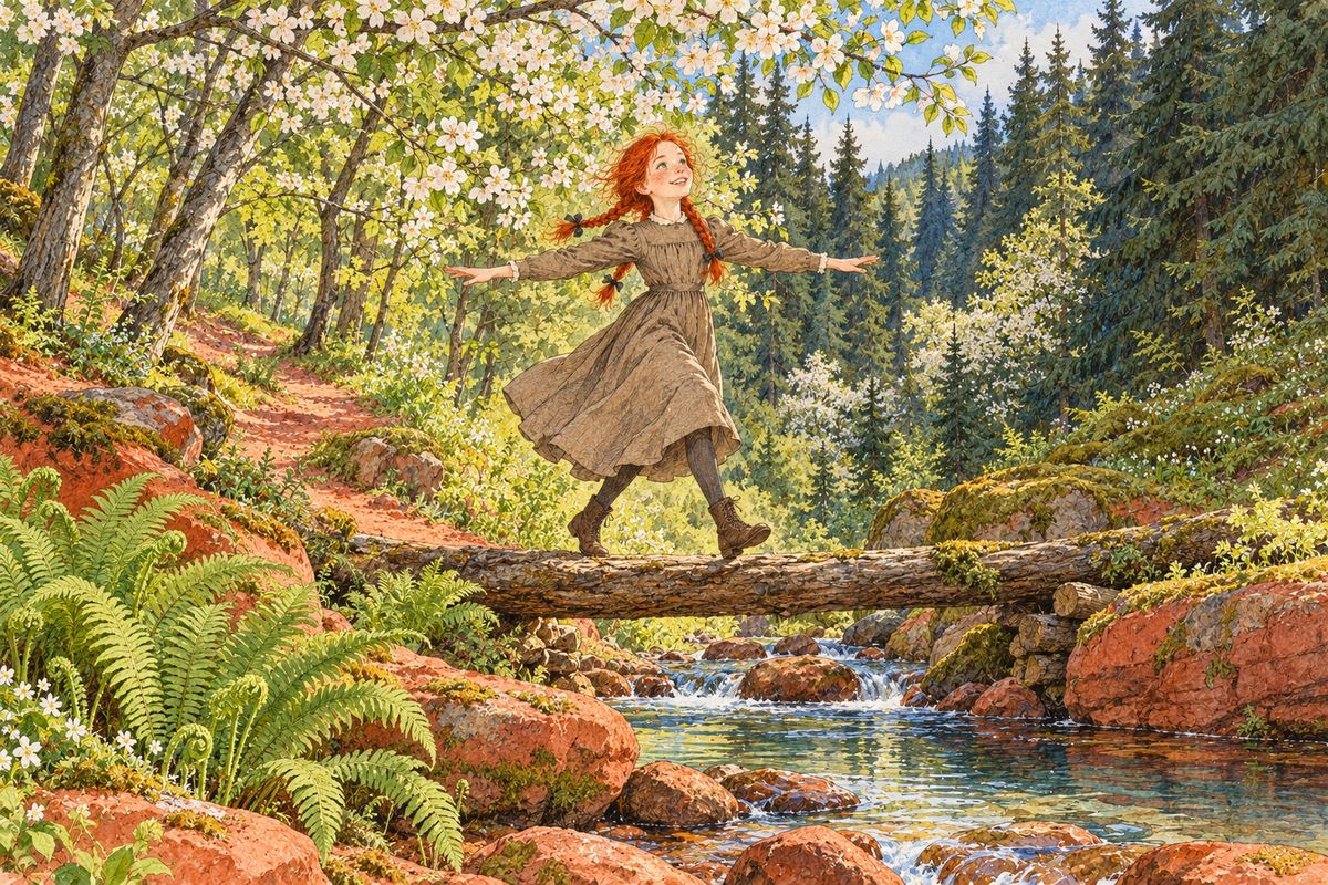 For two weeks Anne explored every corner of Green Gables in her playtime: the lane below the orchard, the icy spring in the hollow, the log bridge and the fir wood beyond. She talked Matthew and Marilla half-deaf about it all. Then Mrs. Rachel Lynde, finally over a bad case of grippe, hurried up the lane to inspect the orphan.