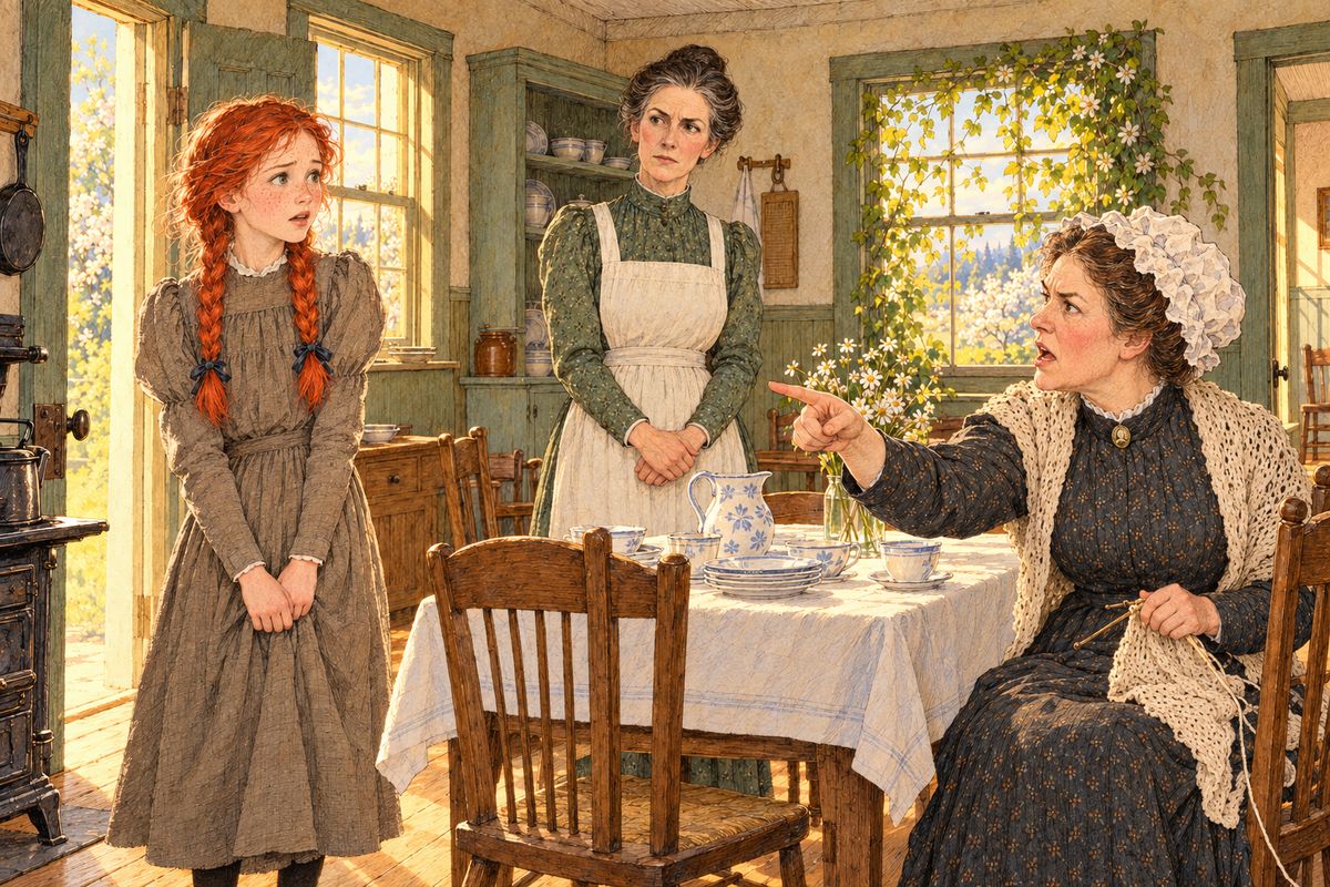 Anne ran in from the orchard, windblown and freckled, and stopped shyly at the door. Mrs. Rachel looked her up and down. "She's terrible skinny and homely, Marilla," she declared. "Did anyone ever see such freckles? And hair as red as carrots!"