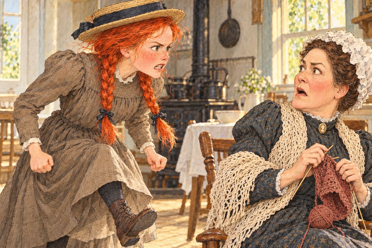 In one bound Anne crossed the kitchen, scarlet with fury. "I hate you — I hate you — I hate you!" she cried, stamping her foot harder each time. She called Mrs. Rachel rude and unfeeling, and swore she would never forgive her. Then she burst into tears and fled upstairs, slamming every door behind her.
