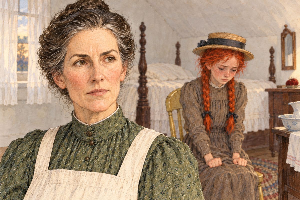 Upstairs, Anne lay sobbing on her bed. "Just imagine how you would feel if somebody told you to your face that you were skinny and ugly," she pleaded. Marilla suddenly remembered an aunt calling her a dark, homely little thing, and she softened. Still, Anne must apologise to Mrs. Lynde, and until she agreed she would stay in the east gable.