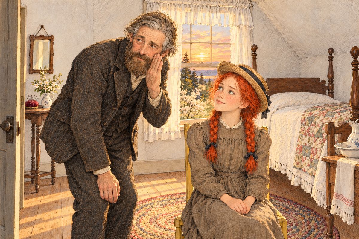 All the next day Anne refused, and her meal trays came down nearly full. That evening, while Marilla fetched the cows, Matthew crept upstairs like a burglar for the first time in four years. "Just smooth it over, so to speak," he whispered. To please him, Anne agreed — as long as Marilla never knew he'd asked.