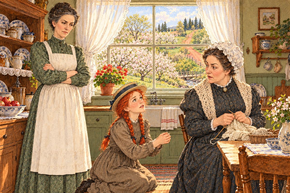 On the walk down, Anne went from gloomy to glowing as she imagined her speech. At Mrs. Lynde's she dropped to her knees. "Oh, Mrs. Lynde, I am so extremely sorry," she began, and poured out a heartfelt, dramatic apology. Marilla saw that Anne was enjoying it. Mrs. Rachel forgave her warmly and said red hair sometimes darkened to auburn.