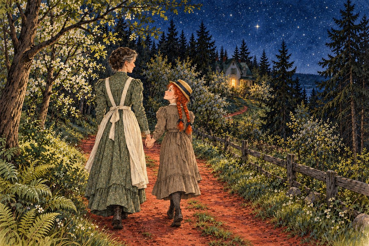They walked home under bright stars, Anne chattering until Marilla told her to hold her tongue. As the Green Gables kitchen light shone through the trees, Anne slipped her hand into Marilla's. "It's lovely to be going home and know it's home," she said. Something warm and unfamiliar rose in Marilla's heart.