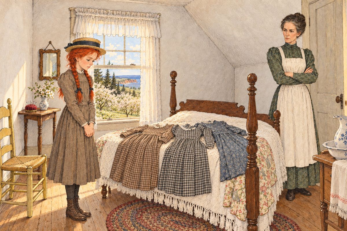 Marilla had sewn Anne three new dresses, all plain, all tight-sleeved and all thoroughly sensible. Anne admitted they were not pretty and begged for just one with puffed sleeves. "I'd rather look ridiculous when everybody else does than plain and sensible all by myself," she said mournfully, but Marilla had no material to waste on such nonsense.
