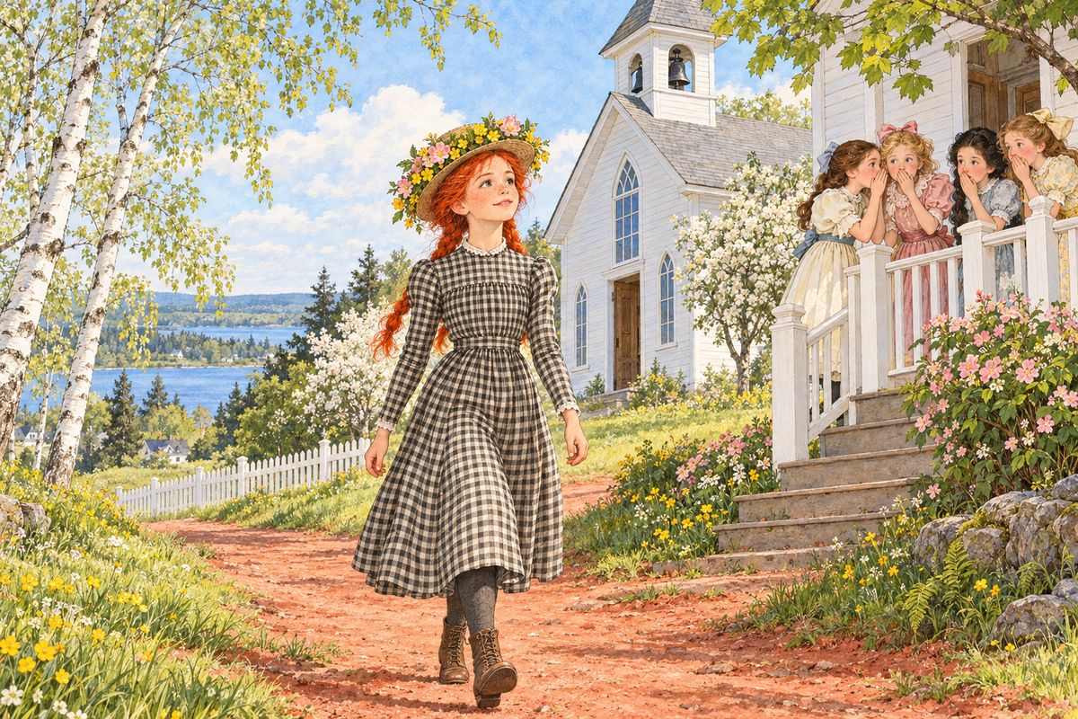 Walking alone to Sunday-school, Anne found buttercups and wild roses along the lane and wreathed her plain sailor hat with them. The Avonlea girls stared and whispered. All of them had puffed sleeves, and through Mr. Bell's long prayer and the long sermon Anne gazed out of the window at the Lake of Shining Waters and imagined splendid things.