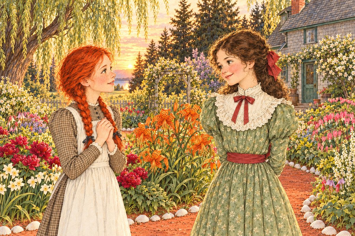 When Mrs. Lynde told Marilla about the flowered hat, Anne got a scolding and cried, but then came news: Diana Barry was home. Trembling, Anne went with Marilla to Orchard Slope. Mrs. Barry sent the girls into the garden, and there they stood shyly over the tiger lilies. "Oh, Diana, do you think you can like me a little—enough to be my bosom friend?"