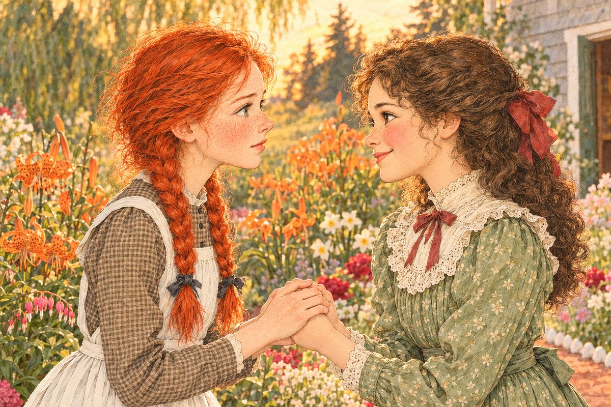 Diana thought swearing was wicked until Anne explained it only meant promising solemnly. They joined hands over the path and imagined it was running water. "I solemnly swear to be faithful to my bosom friend, Diana Barry, as long as the sun and moon shall endure," Anne vowed. Diana repeated it, laughing before and after.