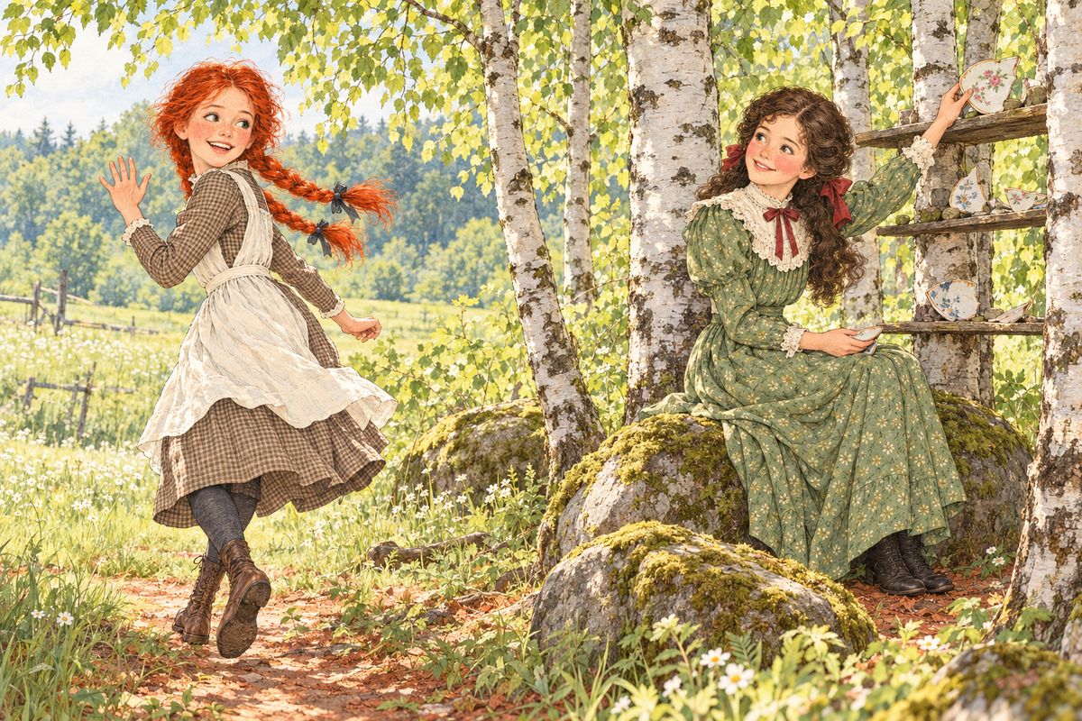 All summer Anne and Diana played at Idlewild, their playhouse in a ring of birches, furnished with mossy stones and broken china. One August afternoon Anne raced home late with great news: there would be a Sunday-school picnic by the Lake of Shining Waters, and there would be ice cream, which she had never tasted.