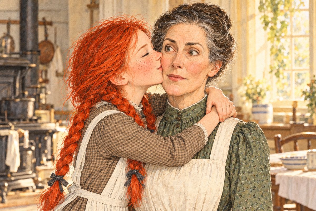 Marilla said Anne could go, but Anne was worried she would have no basket of food. "Well, it needn't prey any longer. I'll bake you a basket." Anne threw herself into Marilla's arms and kissed her cheek. No child had ever done that before, and Marilla felt a startling sweetness, though she only said brusquely, "Never mind your kissing nonsense."