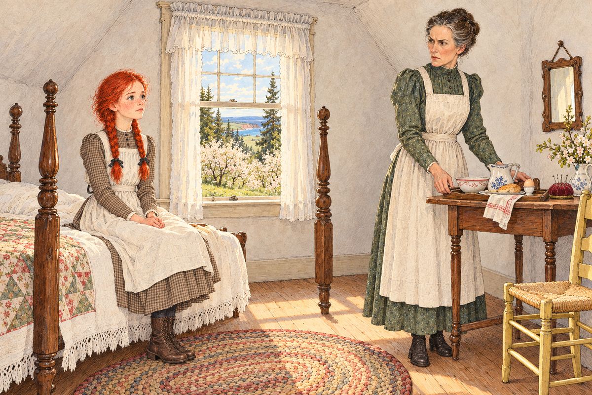 On picnic morning Anne sat pale on her bed and recited a confession she had made up: she had taken the brooch to Idlewild and dropped it, "all purply-sparkling," into the Lake of Shining Waters. Marilla was furious and forbade the picnic anyway. Anne flung herself on the bed in despair while Marilla scrubbed floors that did not need scrubbing.