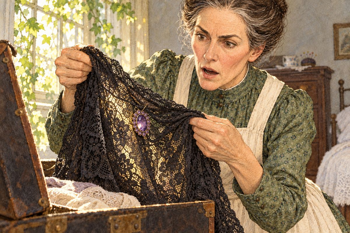 That afternoon Marilla took out her best black lace shawl to mend a small tear. Sunlight through the window vines struck something caught in the lace, glittering violet. It was the amethyst brooch, hanging from a thread by its catch. "Dear life and heart," said Marilla blankly. "What does this mean?"