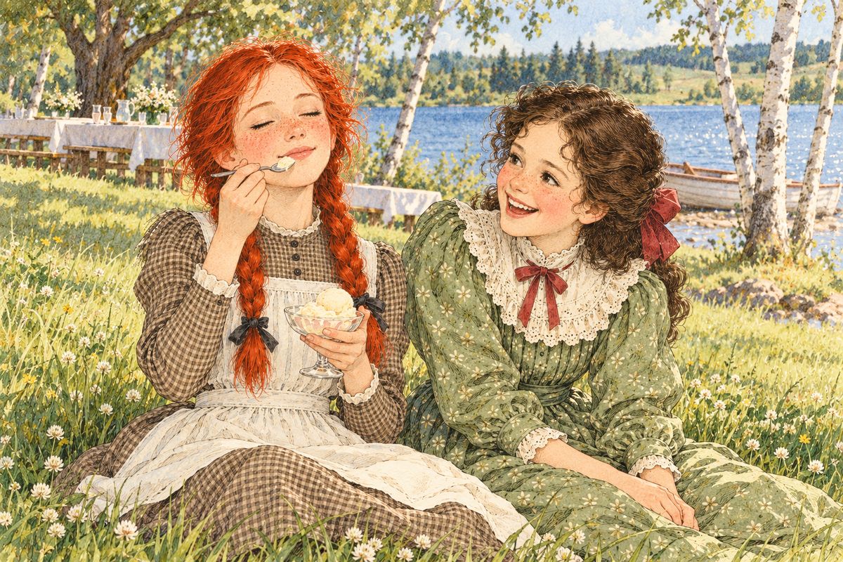 Marilla admitted she had driven Anne to a false confession. "If you'll forgive me, Anne, I'll forgive you and we'll start square again." Jerry drove Anne down to the picnic in time. She went boating on the lake and ate her first ice cream, and came home declaring it had been perfectly "scrumptious" and the ice cream sublime.