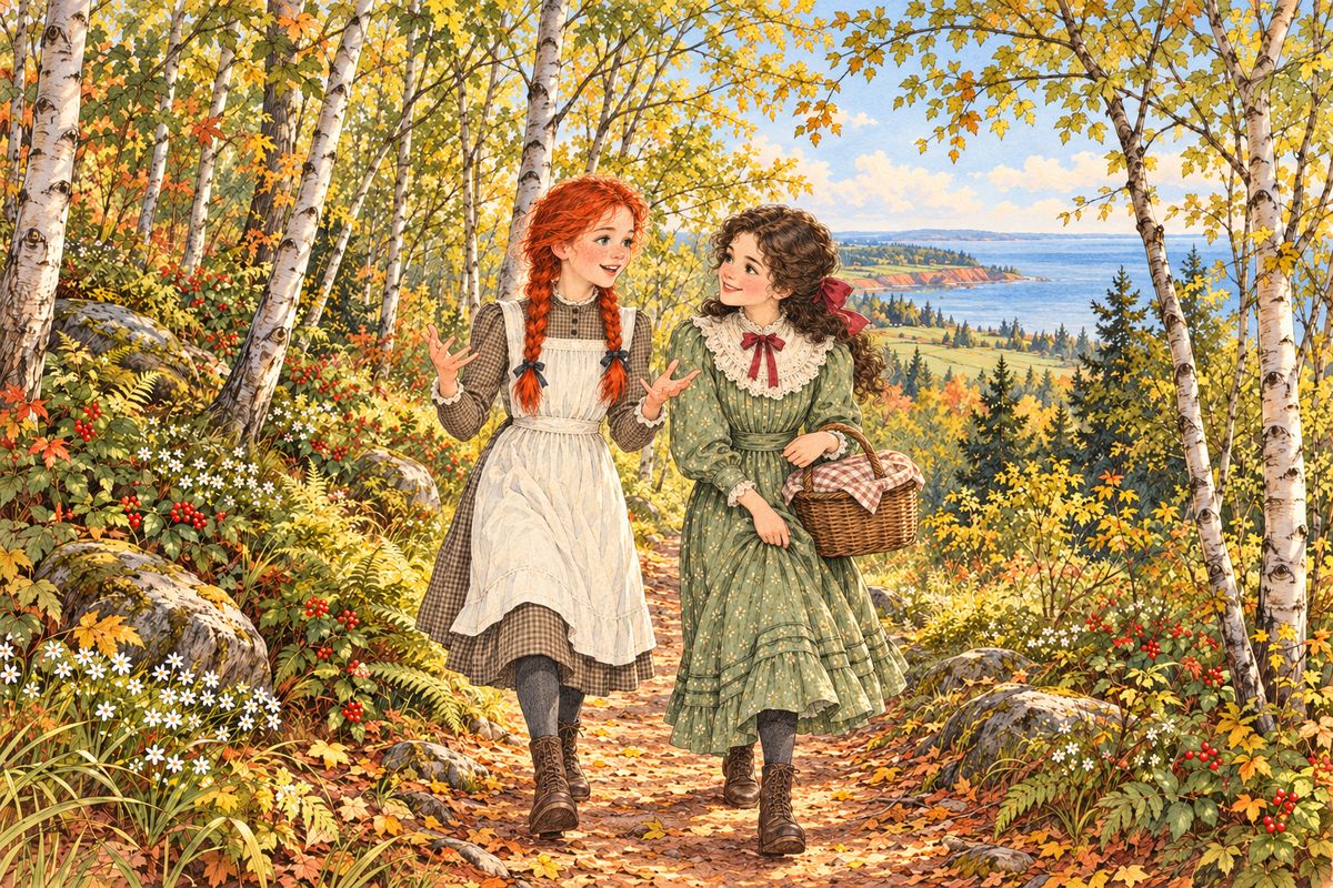 On a crisp September morning, Anne and Diana went to school the romantic way: down Lover's Lane, past Willowmere and Violet Vale, and along the Birch Path. Diana told Anne that Gilbert Blythe was back from New Brunswick. He was 'aw'fly handsome', she said, and he teased the girls something terrible.