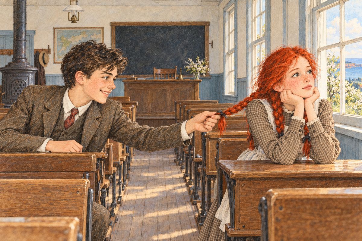 That afternoon Anne sat dreaming at the window, gazing at the Lake of Shining Waters. Gilbert was not used to girls ignoring him. He reached across the aisle, picked up the end of her long red braid and held it out at arm's length. "Carrots! Carrots!" he said in a piercing whisper.