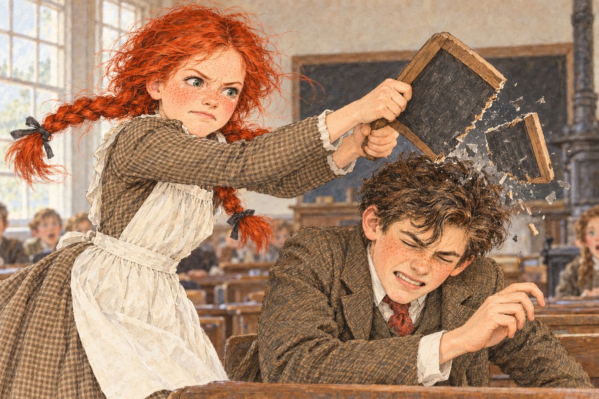 Anne sprang to her feet, her eyes full of angry tears. "You mean, hateful boy! How dare you!" Thwack! She brought her slate down on Gilbert's head and cracked it right across. The slate broke, not the head. The whole school gasped in horrified delight.