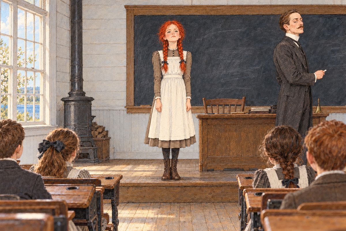 Gilbert said stoutly that it was his fault, but Mr. Phillips paid no heed. He made Anne stand on the platform for the rest of the afternoon and wrote above her head: 'Ann Shirley has a very bad temper.' He even spelled her name without an e. Anne did not cry or hang her head.