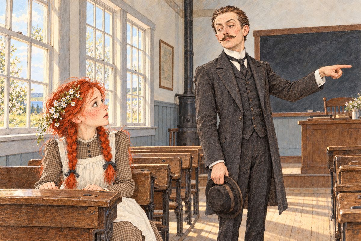 The next day Mr. Phillips said anyone late from dinner hour would be punished. Anne had been wandering in Mr. Bell's spruce grove with lilies in her hair. She raced back and slipped in among the boys, but he picked her alone. "Since you seem so fond of the boys' company... sit with Gilbert Blythe."