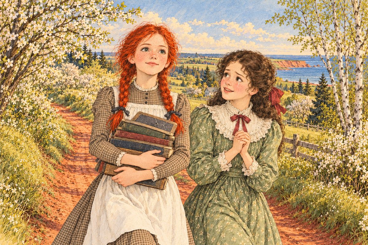 After school Anne piled every book she owned on her cracked slate and carried them home. She was never going back to that man's school, she told Diana. Diana begged and nearly cried, and Marilla said 'Nonsense!' But Mrs. Rachel Lynde advised humouring her, so Anne learned her lessons at home and snubbed Gilbert icily.