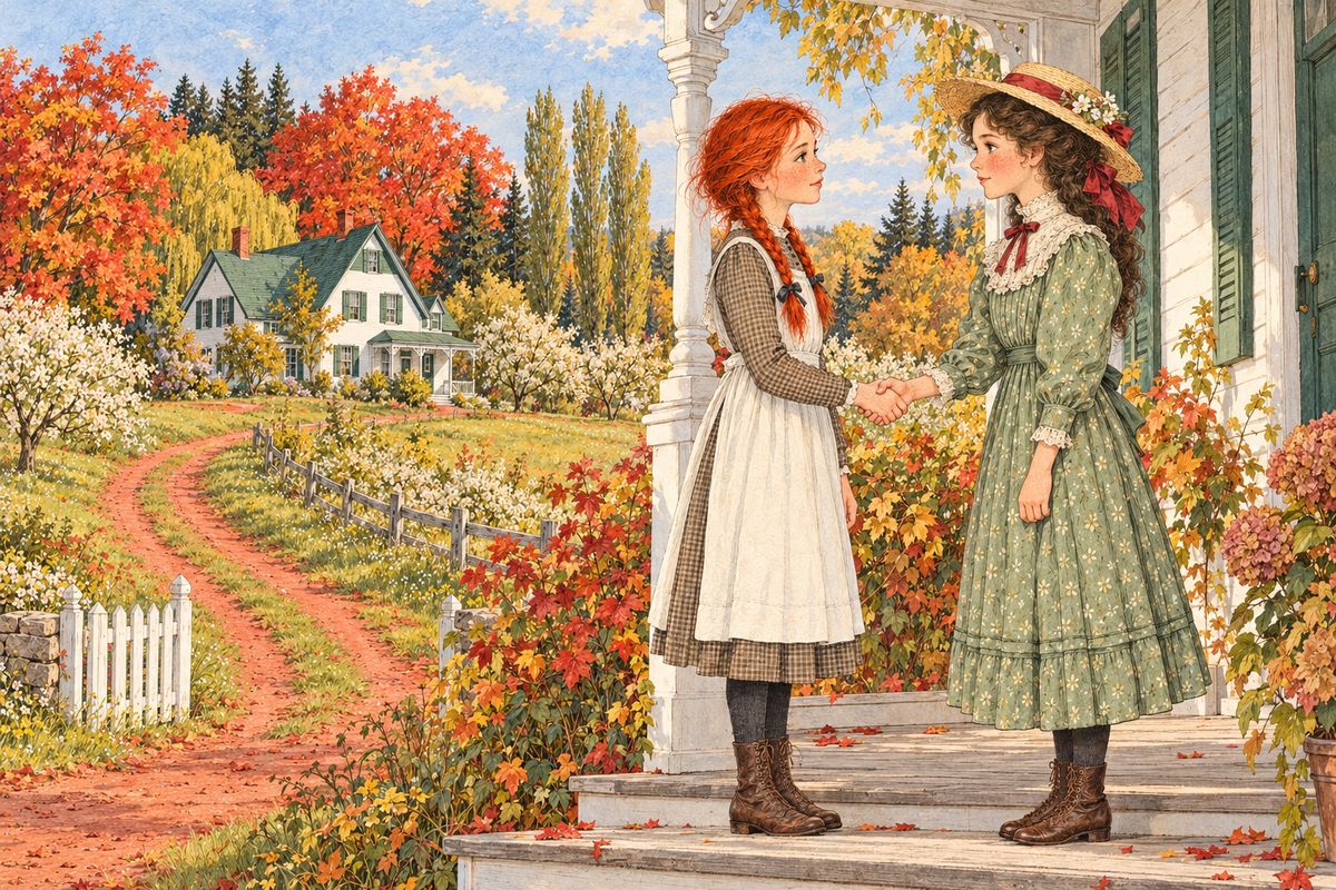 One golden October Saturday, Marilla went to an Aid meeting and said Anne could have Diana to tea. Diana arrived in her second-best dress, knocked primly at the front door instead of running into the kitchen, and the two girls shook hands as gravely as if they had never met before.