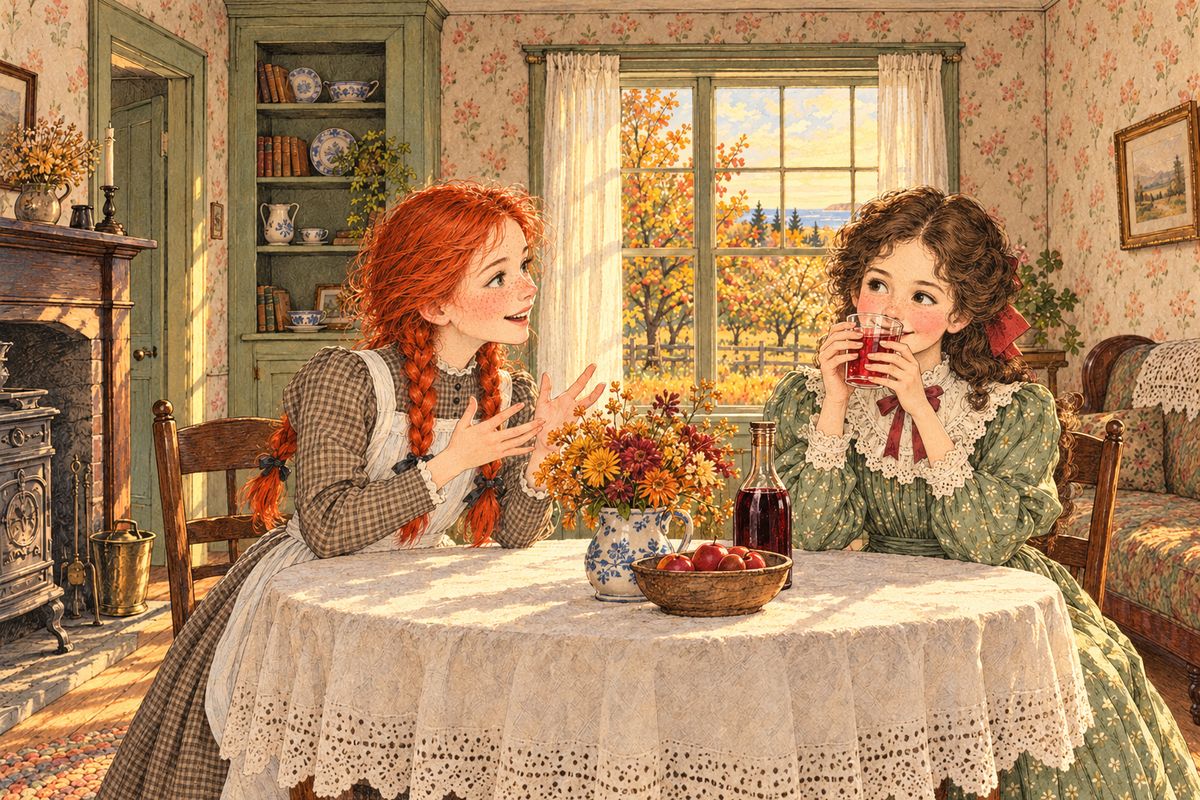 After an afternoon of apples in the orchard, Anne set out the red drink from the sitting-room closet. Diana drank three big tumblers of it while Anne chattered about her kitchen disasters, among them a mouse she had found drowned in the pudding sauce. "It doesn't taste a bit like Mrs. Lynde's," Diana said.