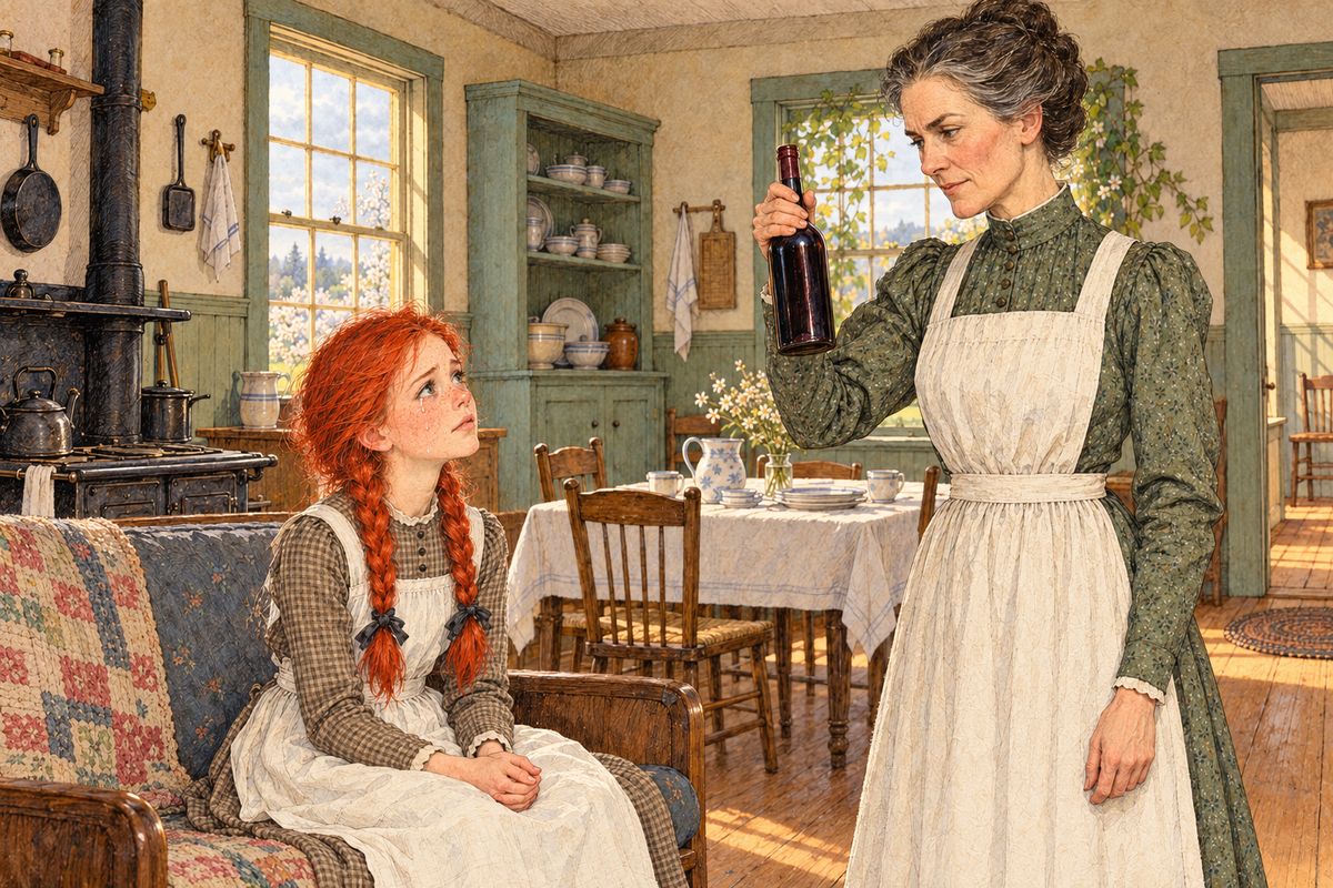 On Monday Anne came home sobbing: Mrs. Barry said she had set Diana drunk on purpose. Marilla marched to the closet and found the truth. The bottle was her three-year-old currant wine, and she had put the cordial in the cellar. "Anne, you certainly have a genius for getting into trouble."