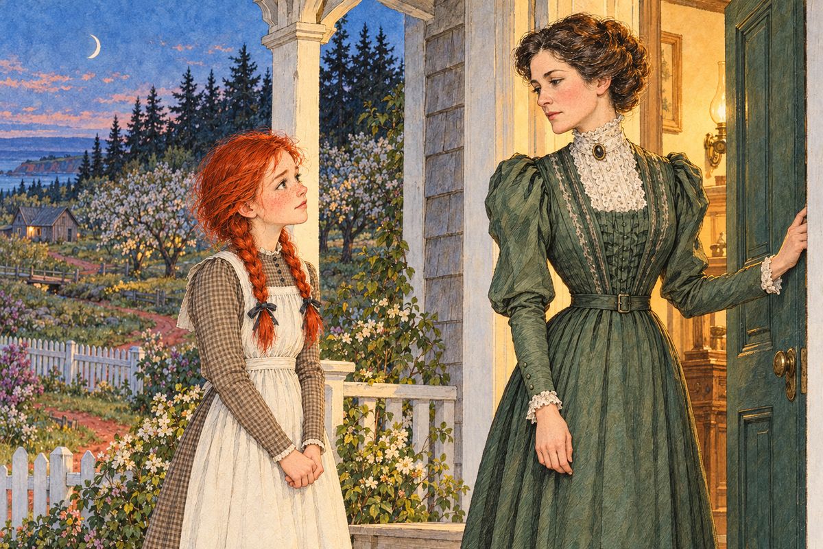 Marilla's visit to Orchard Slope did no good, so Anne went herself, bareheaded under a pale little moon. "Oh, Mrs. Barry, please forgive me," she pleaded. But Mrs. Barry thought her big words were mockery. She said Anne was not fit company for Diana and shut the door.