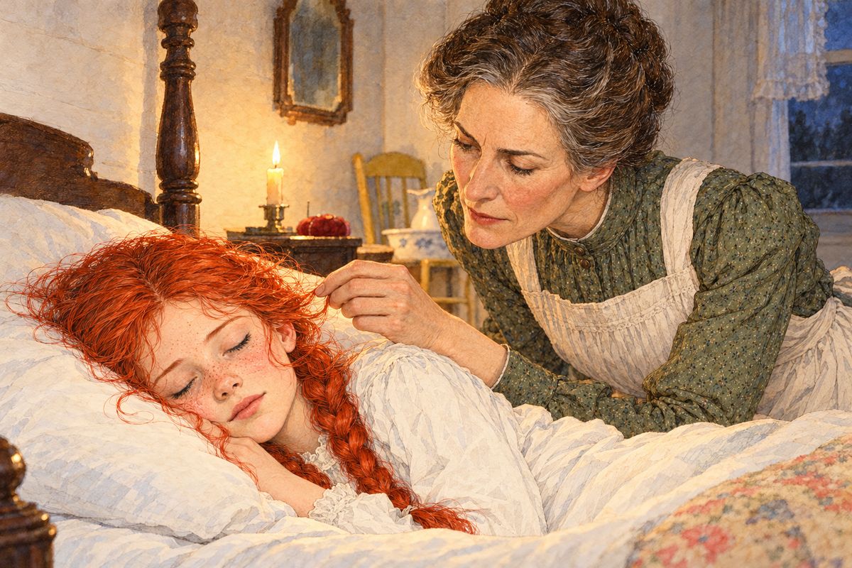 Marilla laughed over the whole affair with Matthew that night. But when she looked into the east gable and found that Anne had cried herself to sleep, her face softened. "Poor little soul," she murmured, and she bent down and kissed the flushed cheek on the pillow.