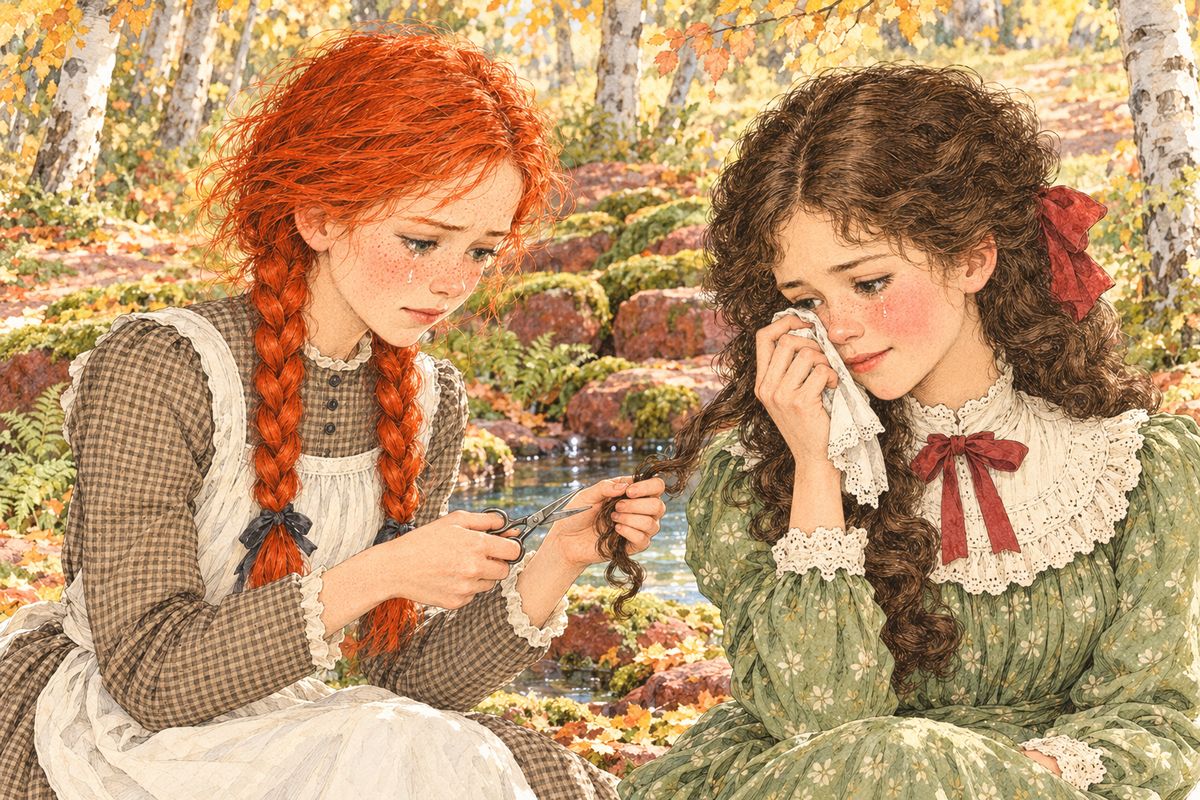 The next day Diana beckoned from the Dryad's Bubble. Her mother had given her ten minutes to say good-bye. "I love you devotedly, Anne," Diana sobbed. Anne, who had never been loved before, solemnly cut a lock of Diana's black hair with her patchwork scissors to treasure forever.