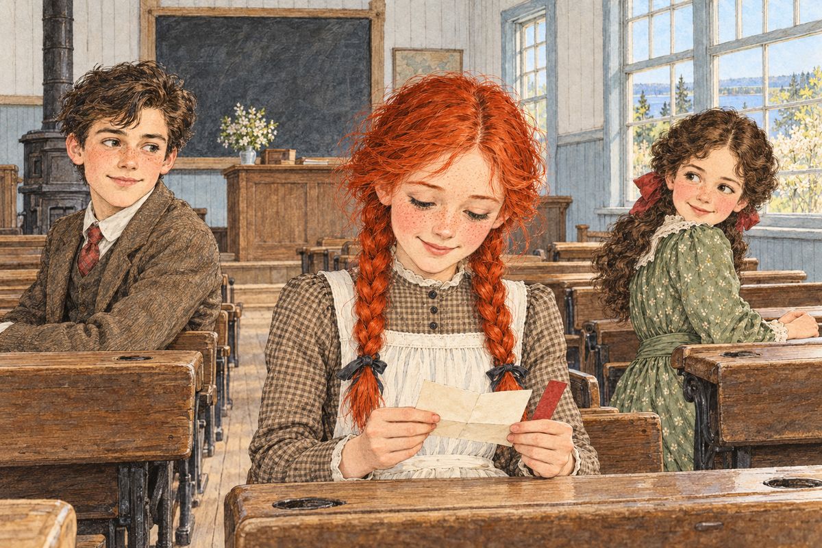 Anne went back to school, where Diana now sat with Gertie Pye. A twisted note and a red tissue bookmark came across the room: "I love you as much as ever." Meanwhile Anne threw herself into her lessons, determined never to be beaten by Gilbert Blythe, though she would not admit he existed.