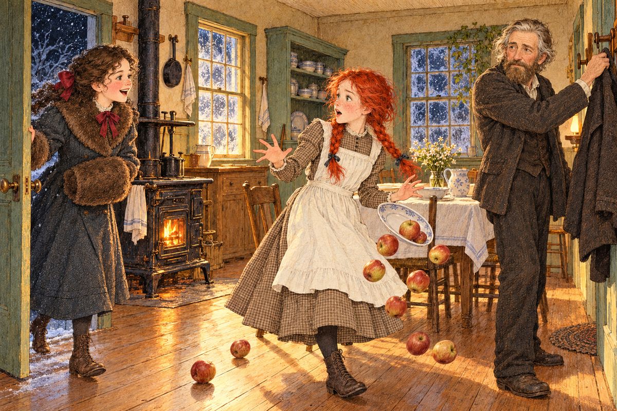In January, Marilla went to town to see the Premier. Anne was coming up from the cellar with russets when Diana burst into the kitchen, white-faced. "Minnie May is awful sick, she's got croup!" Anne dropped her plate and candle, and Matthew silently went out to harness the mare and fetch a doctor.