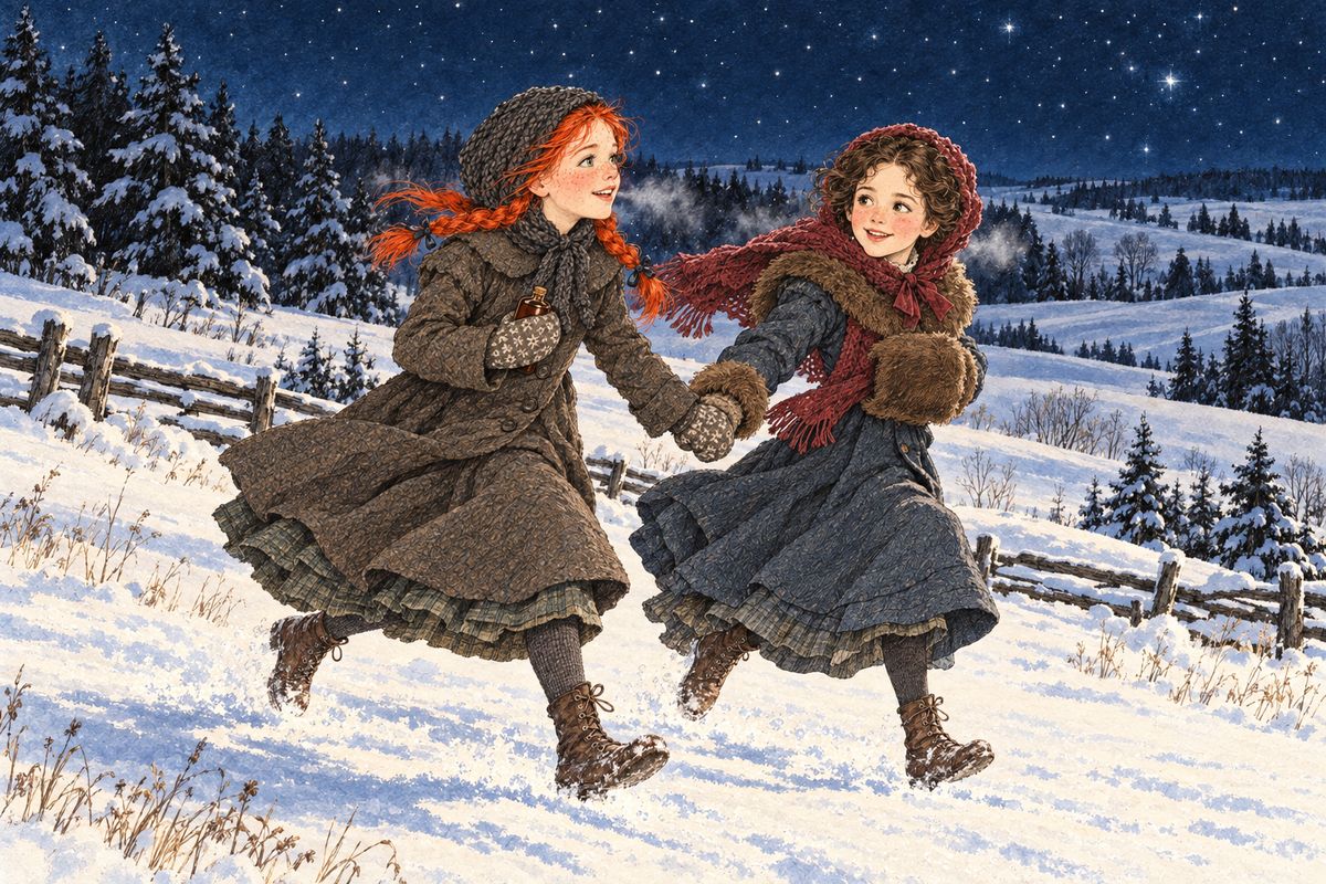 Anne grabbed the ipecac bottle, and the two friends ran hand in hand through Lover's Lane and across the crusted fields under big frosty stars. Anne was truly sorry for Minnie May, but she could not help finding it lovely to be racing through the night beside her bosom friend again.