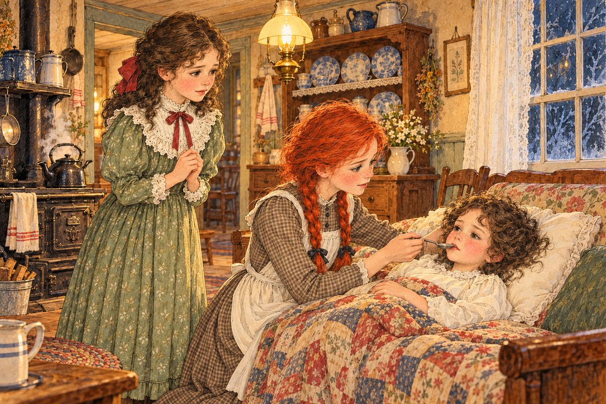 Three-year-old Minnie May was very sick, and the hired girl, Young Mary Joe, didn't know what to do. Anne had nursed three pairs of Hammond twins through croup, so she took charge: hot water, flannels and dose after dose of ipecac all night long. At three o'clock the doctor arrived to find the child asleep, and he later said Anne had saved her life.