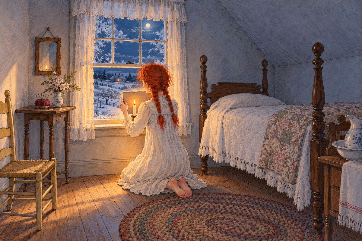 One February evening, Anne ran down from the east gable, breathless. She and Diana had invented a way to signal with candles and cardboard, and Diana had just flashed five times. Five flashes meant: "Come over as soon as possible, because I have something important to reveal."
