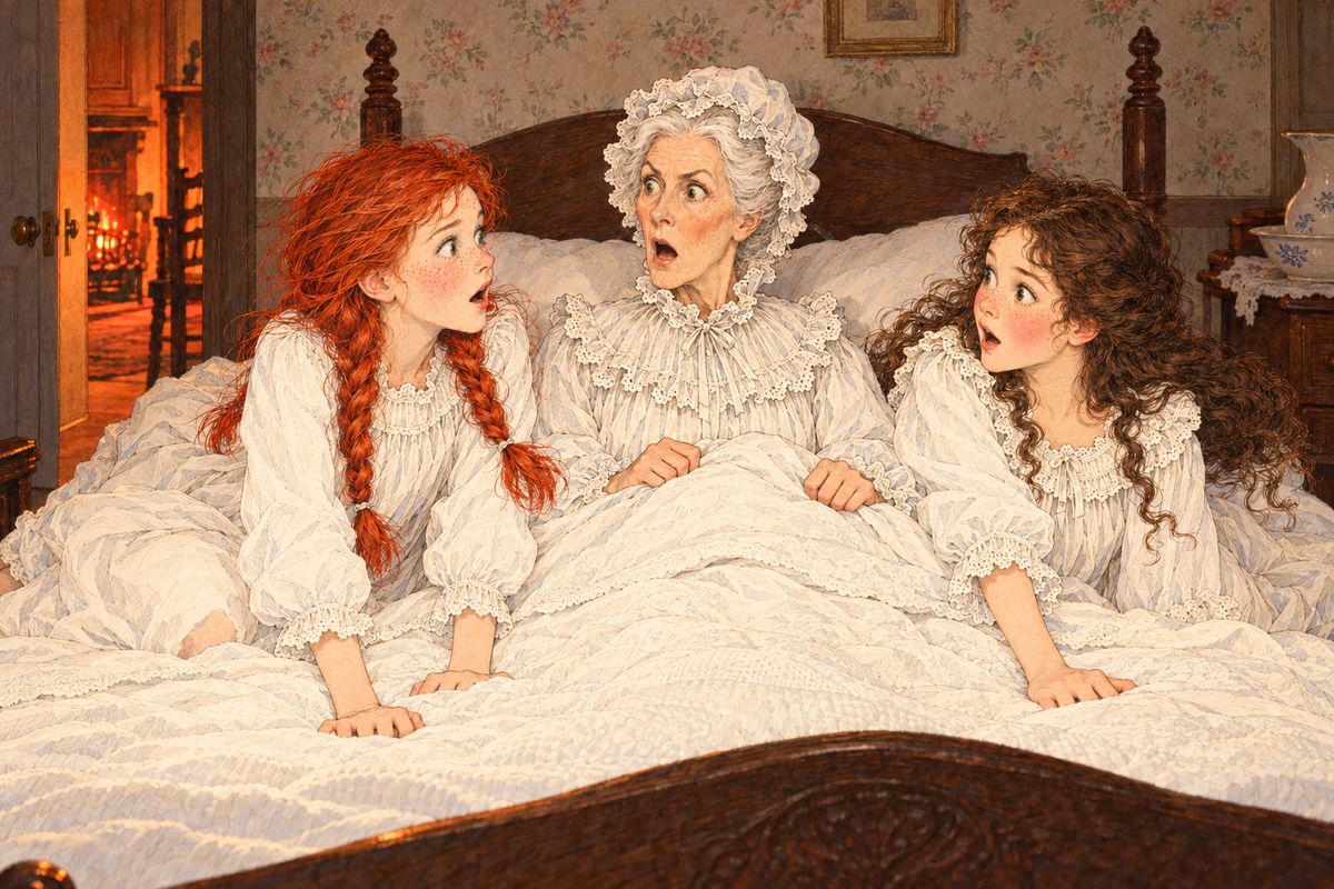 The concert was a string of thrills, every one thrillier than the last, though Anne read a library book all through Gilbert's recitation. Back at Orchard Slope near midnight, the girls raced in their nightgowns to the spare-room bed and bounced onto it together, and someone underneath gasped, "Merciful goodness!"