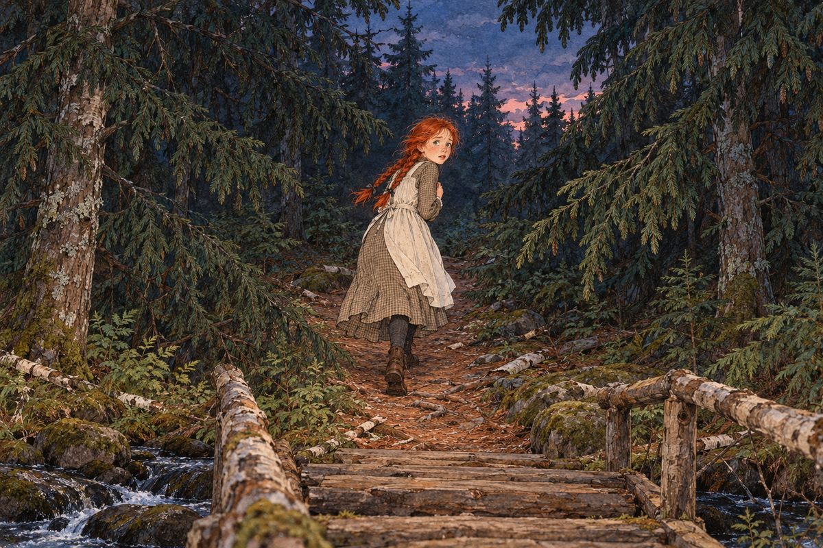 Spring brought Mayflower processions, and a June evening marked a whole year at Green Gables. Then Marilla sent Anne to the Barrys at dusk, and Anne confessed that she and Diana had imagined the spruce grove full of ghosts. Marilla marched her to the bridge to cure her. Every whispering bough and pale birch strip made Anne's heart stand still.