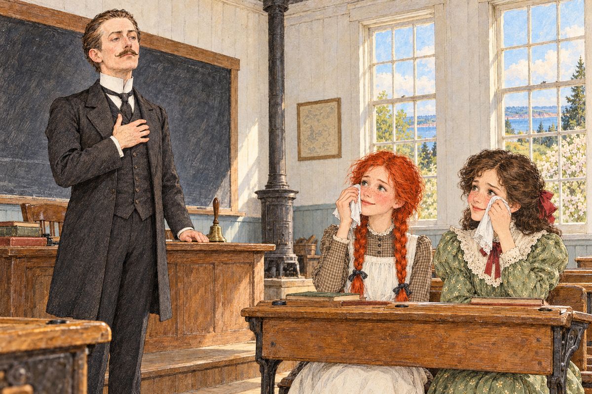 On the last day of June, Mr. Phillips made his farewell speech, "The time has come for us to part," with tears in his own eyes. Every girl in school wept, even those who had sworn they wouldn't. Walking home, they met the new minister, Mr. Allan, and his pretty young wife coming from the station.