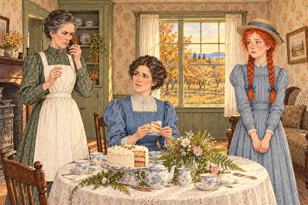 Anne adored gentle Mrs. Allan at once and begged to bake a layer cake when the Allans came to tea. It rose like golden foam. But Mrs. Allan took a bite and got a most peculiar expression, and Marilla sniffed the bottle labelled "vanilla". Anne, with a heavy cold, had flavoured her cake with Anodyne Liniment.