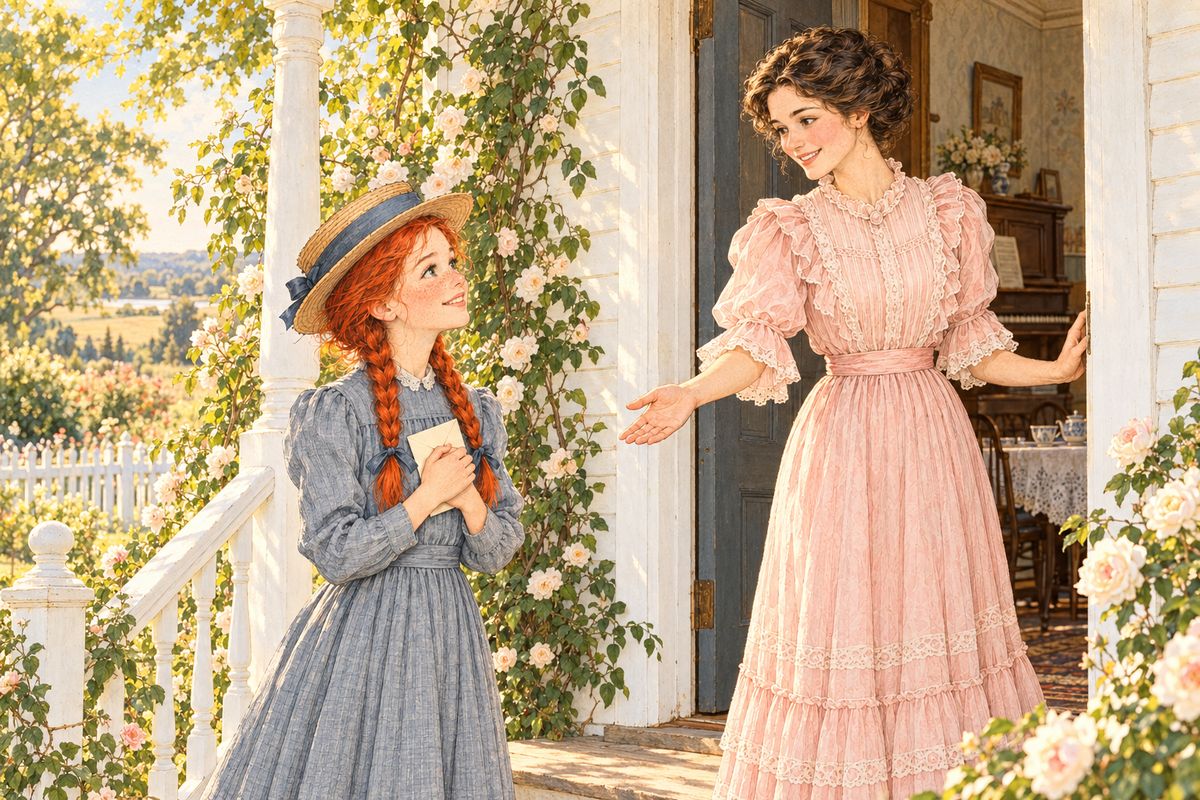 One August evening Anne ran home with a letter addressed to 'Miss Anne Shirley, Green Gables', the first time anyone had ever called her Miss. It invited her to tea at the manse. Next day Mrs. Allan met her at the door in pale-pink frills. Anne kept to the rules of etiquette, was asked to join the choir, and heard that a lady teacher was coming.